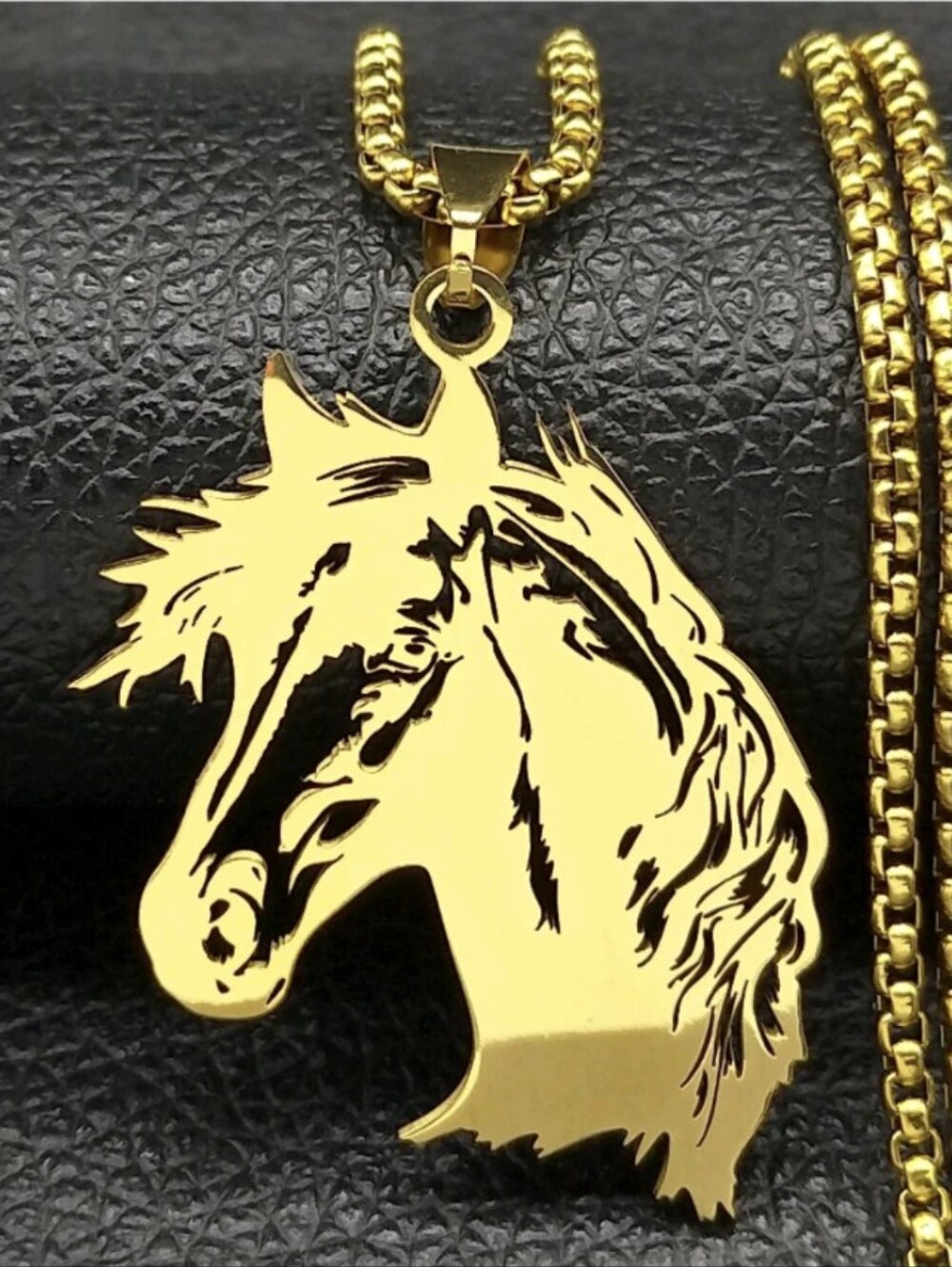 Horse Head Pendant Necklace Gold Tone Stainless Steel Equestrian Jewelry Special